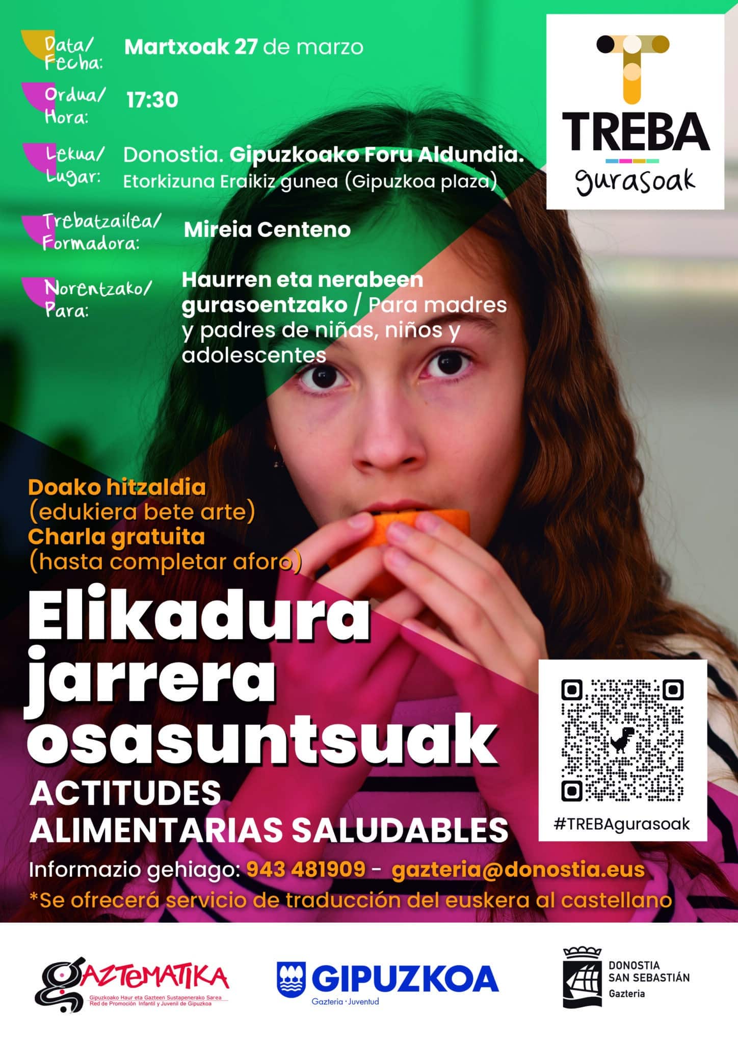 A4DONOSTIAelikadura scaled Una charla sobre alimentación sana y trastornos alimentarios, el jueves, primera cita de TREBA Gurasoak este año